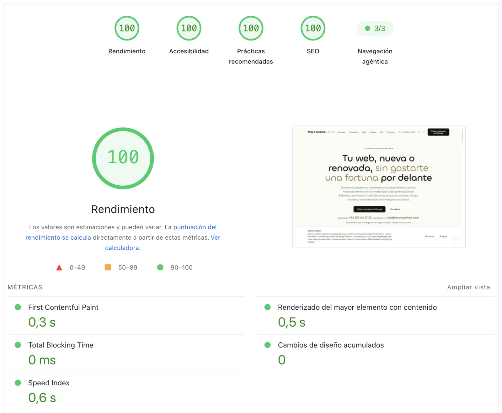 Informe de PageSpeed Insights de marcguinea.com con 100 en rendimiento, accesibilidad, prácticas recomendadas y SEO.