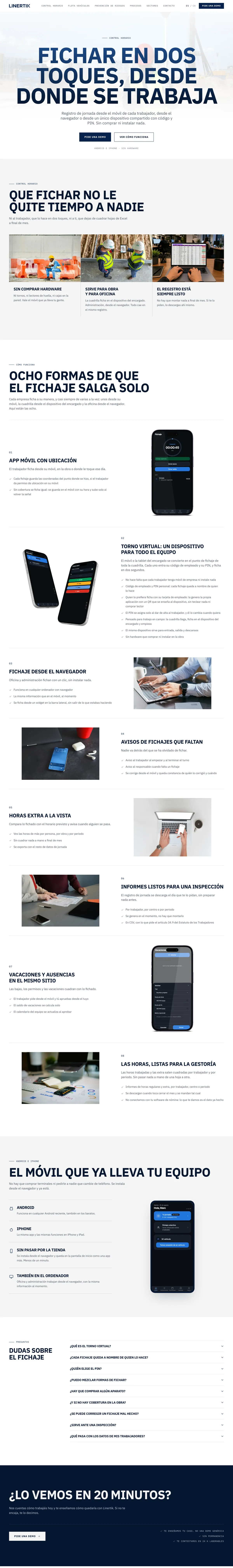 Página de control horario de la web de Linertik